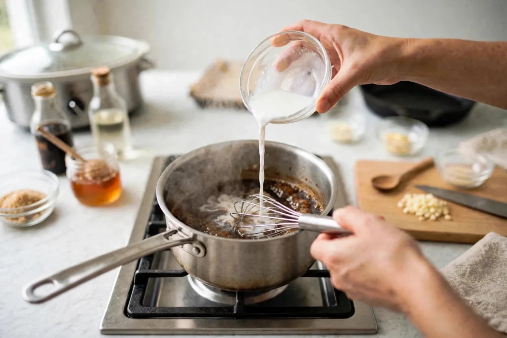Pouring cornstarch slurry into simmering teriyaki sauce