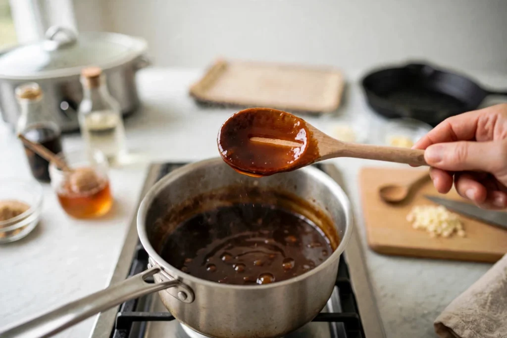 Spoon showing thick glossy teriyaki sauce coating