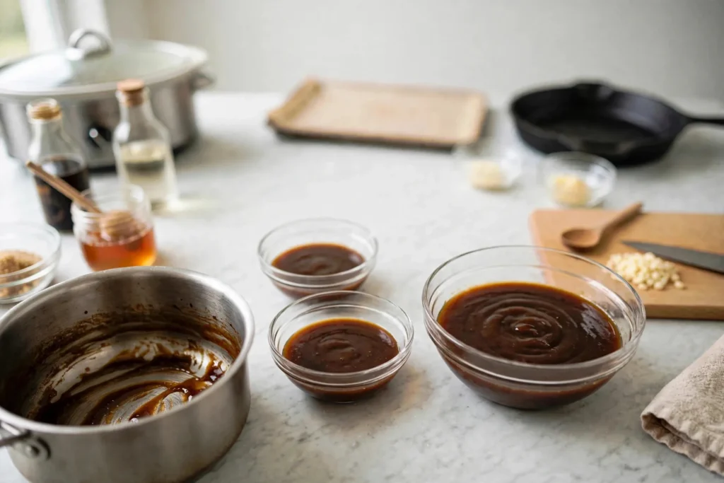 Teriyaki sauce divided into three glass bowls