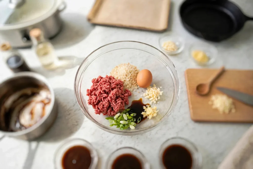 Beef meatball ingredients in a glass mixing bowl