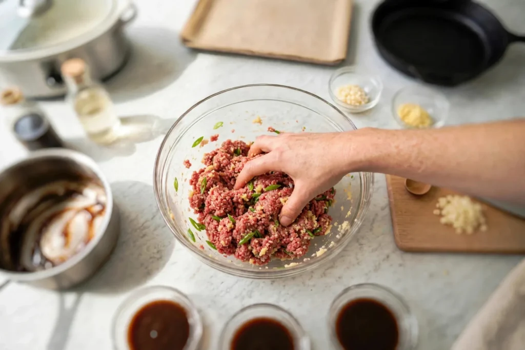 Mixing beef meatball mixture by hand