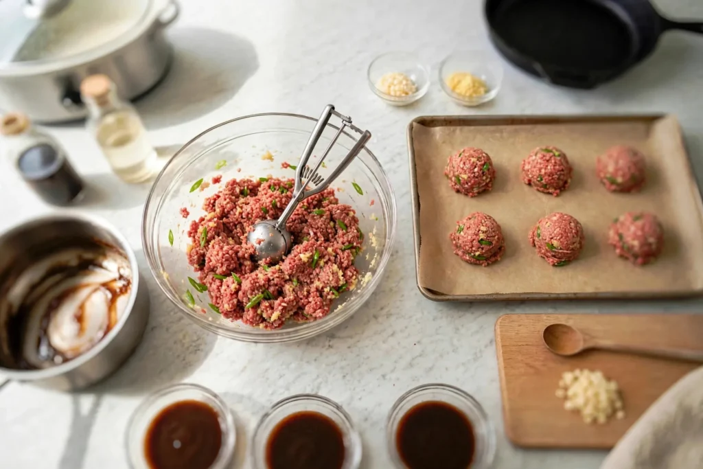 Scooping even portions of meatball mixture