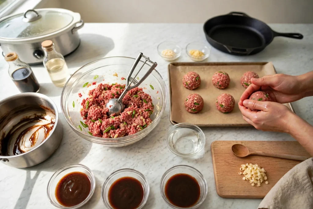 Rolling meatballs by hand on a baking sheet