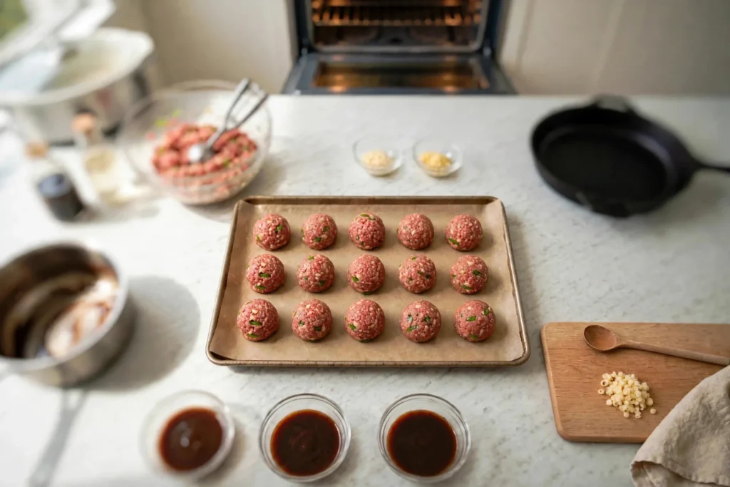 Raw beef meatballs lined up on a baking sheet
