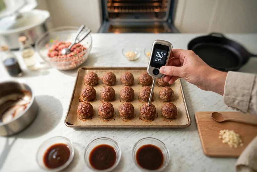 Thermometer reading 160°F in a baked meatball