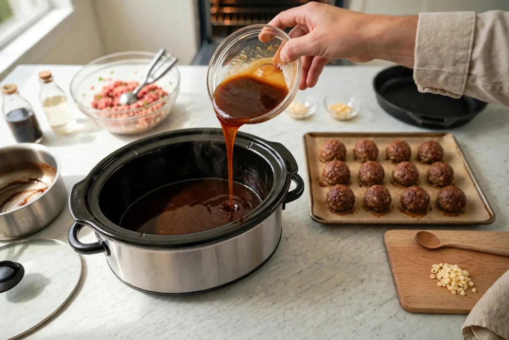 Pouring teriyaki sauce into a slow cooker