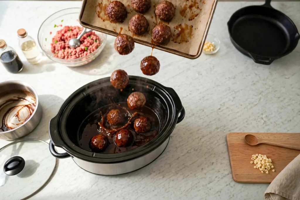 Adding baked meatballs to the slow cooker