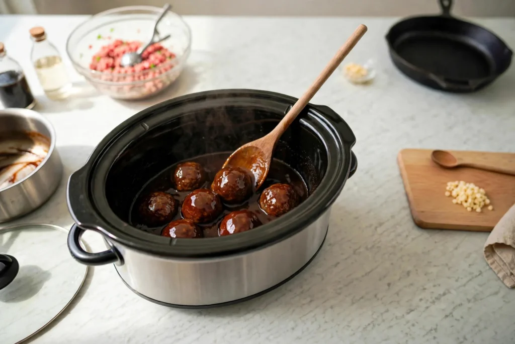 Tossing meatballs in teriyaki sauce in the slow cooker