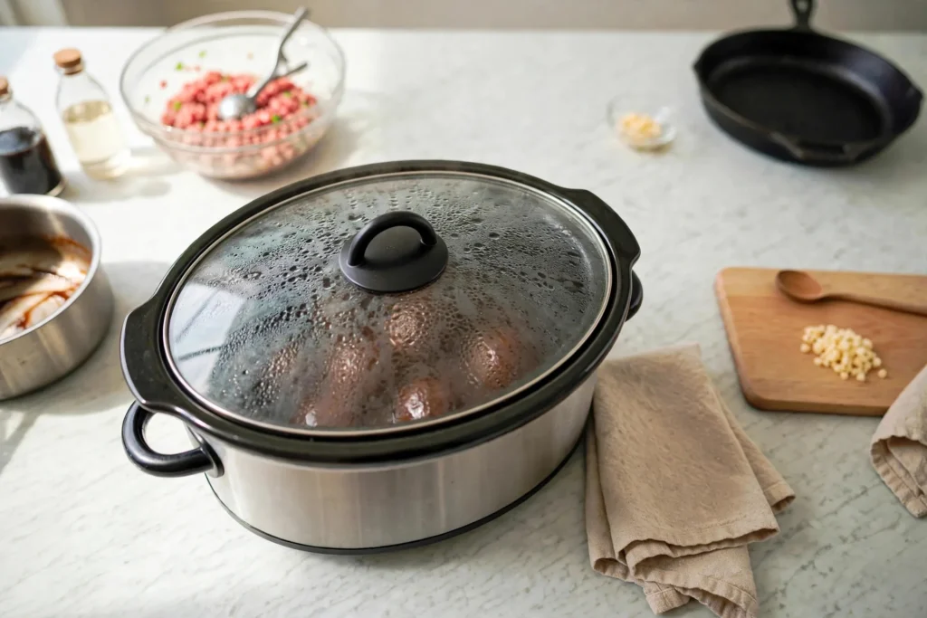Slow cooker with lid on, set to low