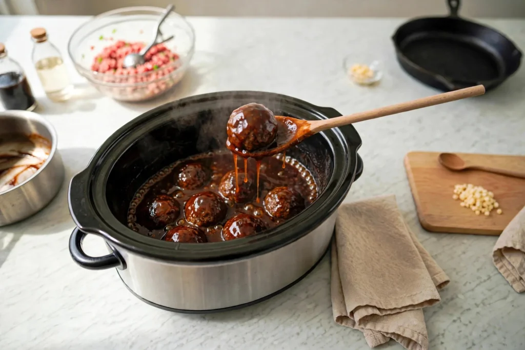Sticky glazed meatballs in the slow cooker after cooking