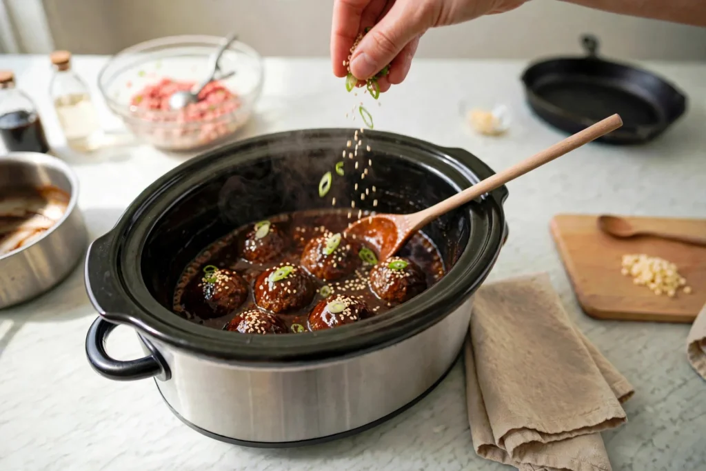 Sprinkling sesame seeds and green onion over meatballs