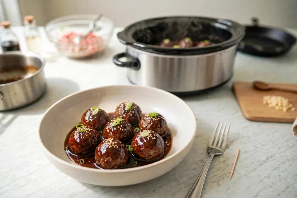 Bowl of crockpot teriyaki meatballs with sesame and green onion