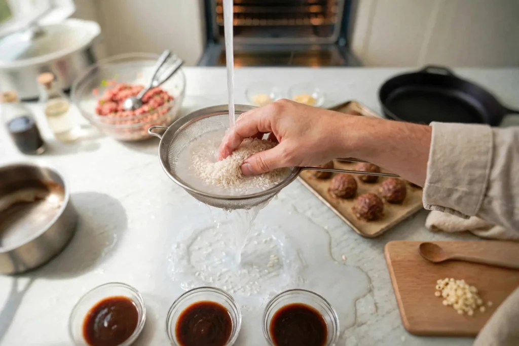 Rinsing white rice in a sieve under running water