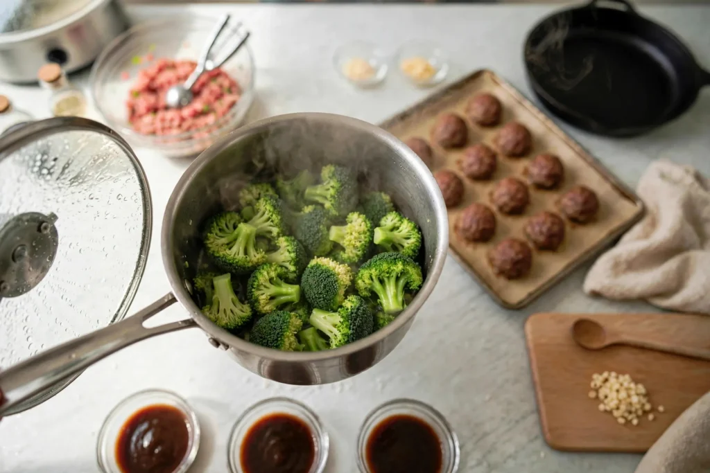 Steaming bright green broccoli florets in a pan