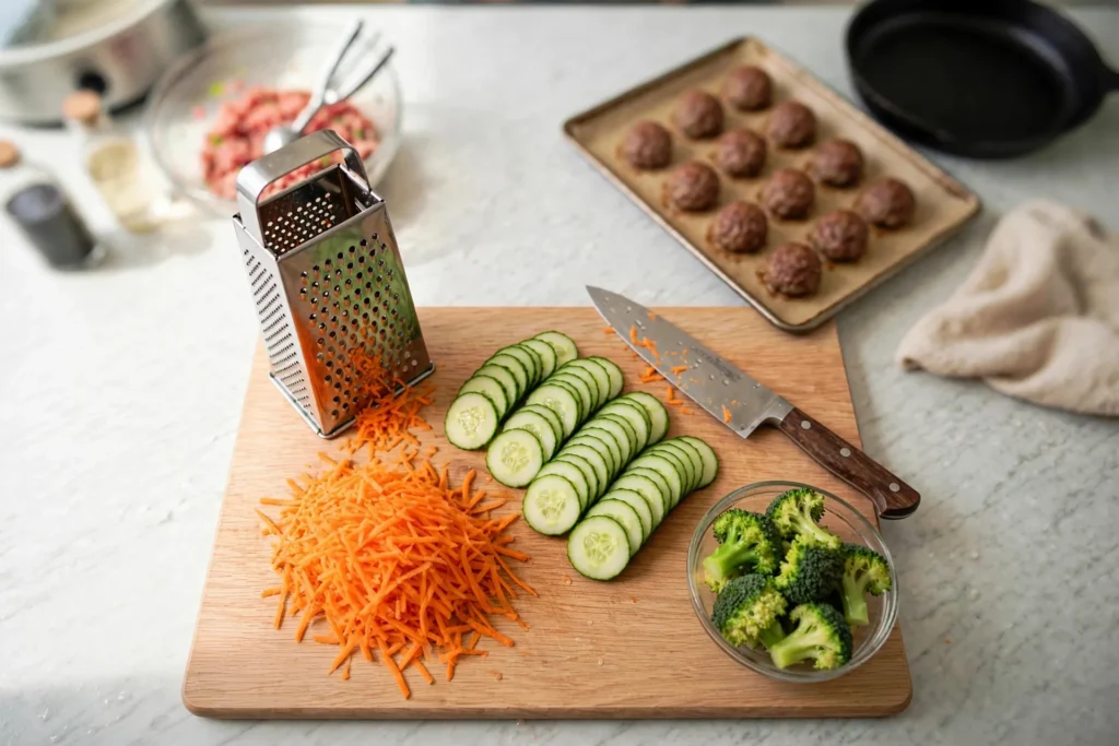 Shredded carrot and sliced cucumber on a cutting board