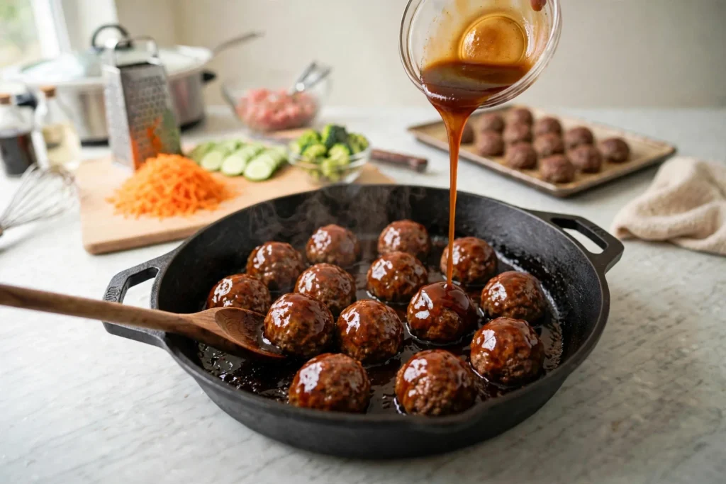Glazing meatballs in teriyaki sauce in a skillet