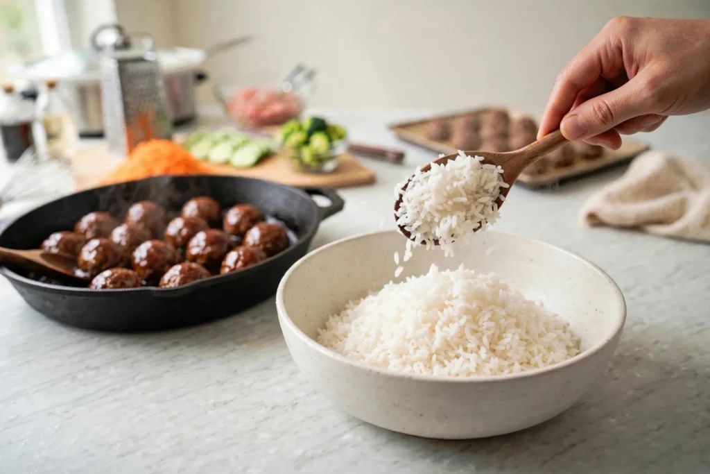 Mound of steamed rice in a stoneware bowl