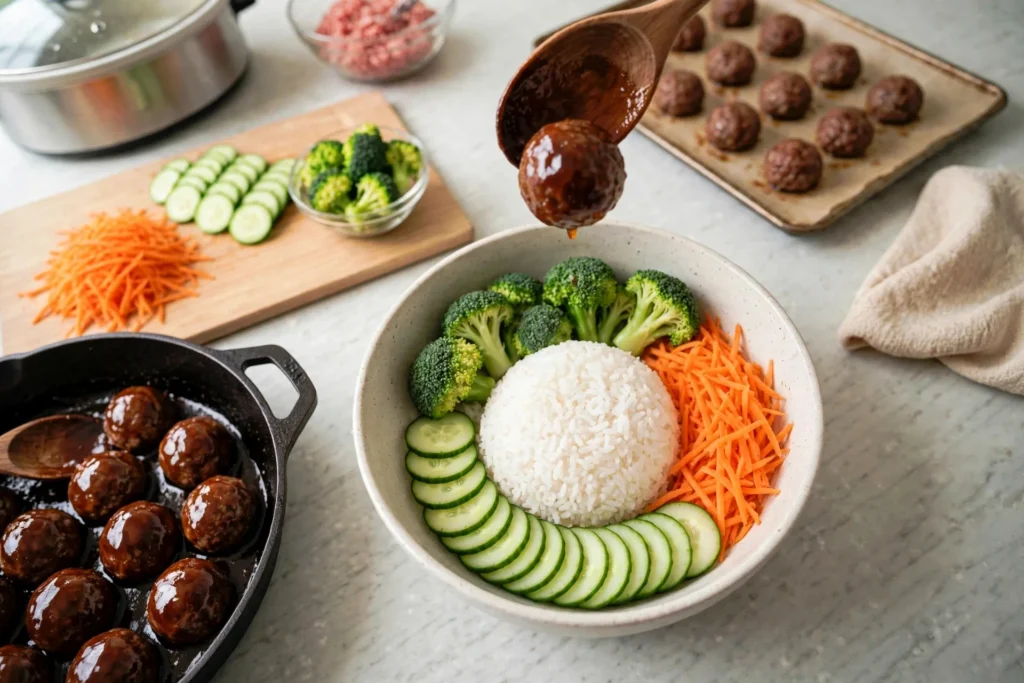 Teriyaki meatball bowl with rice, broccoli, carrot and cucumber