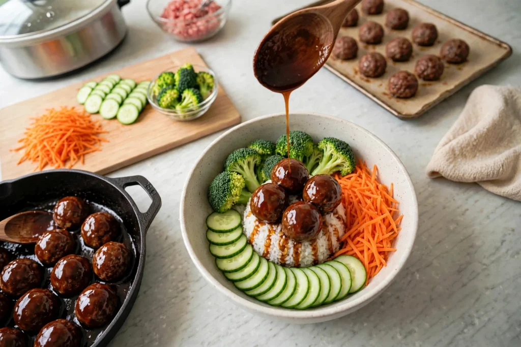 Drizzling teriyaki sauce over a meatball rice bowl