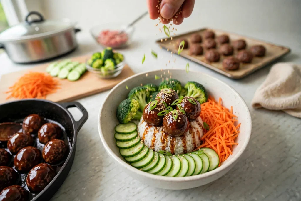 Sprinkling sesame seeds over a teriyaki meatball bowl