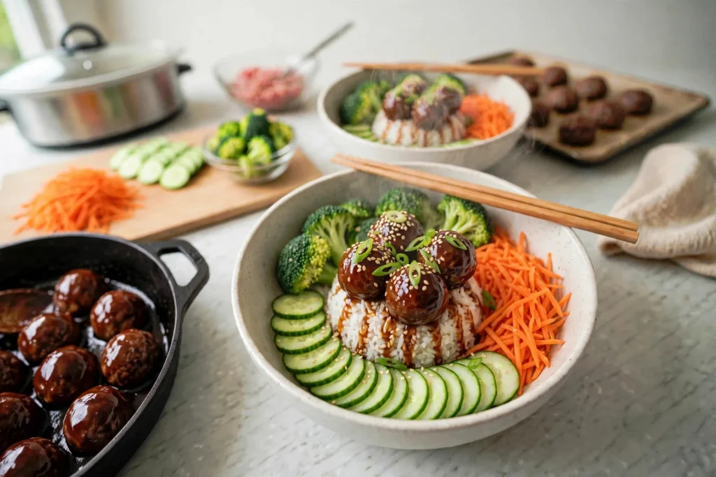 Finished teriyaki meatball bowl with chopsticks