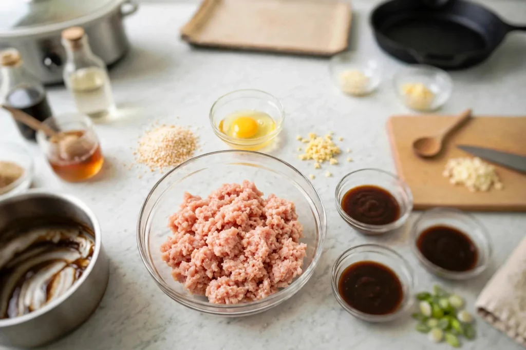Chicken meatball ingredients in a glass mixing bowl