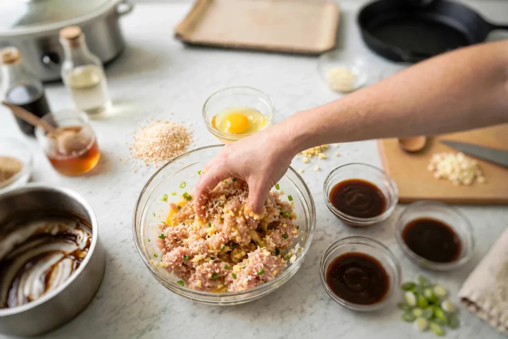 Gently mixing ground chicken meatball mixture