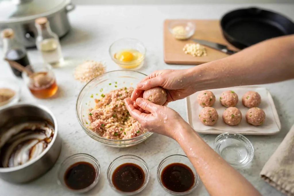 Shaping raw chicken meatballs by hand