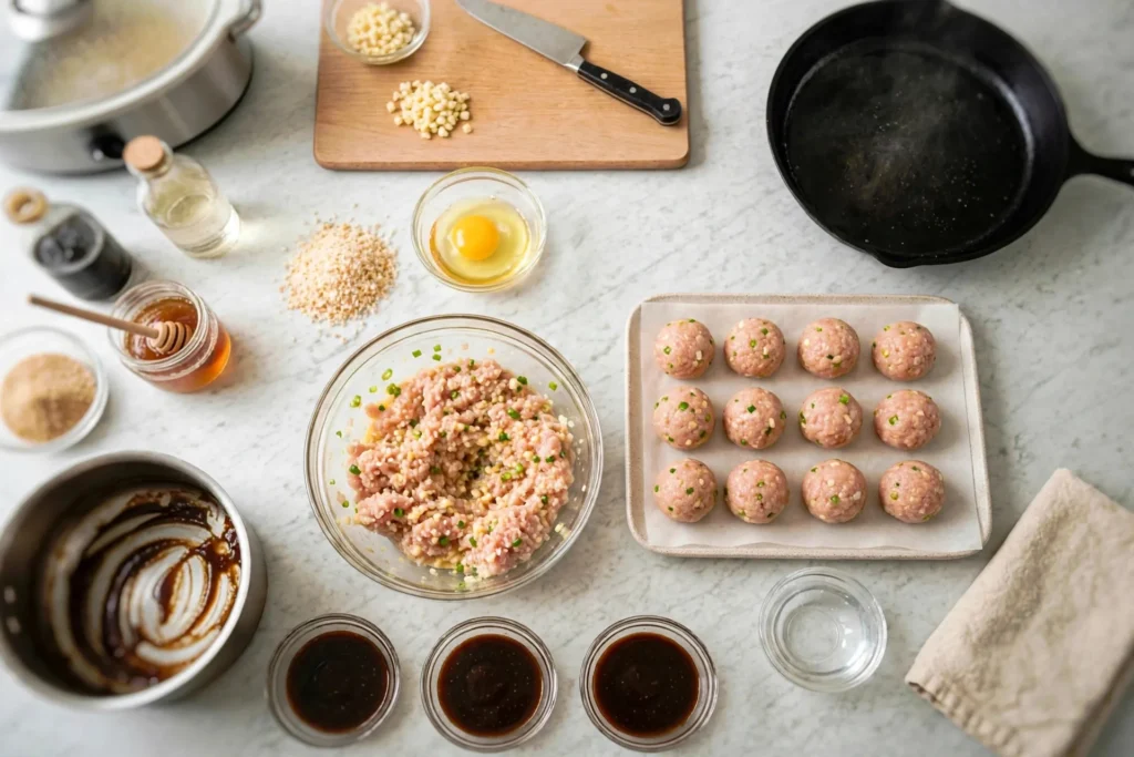 Raw chicken meatballs lined up on a plate