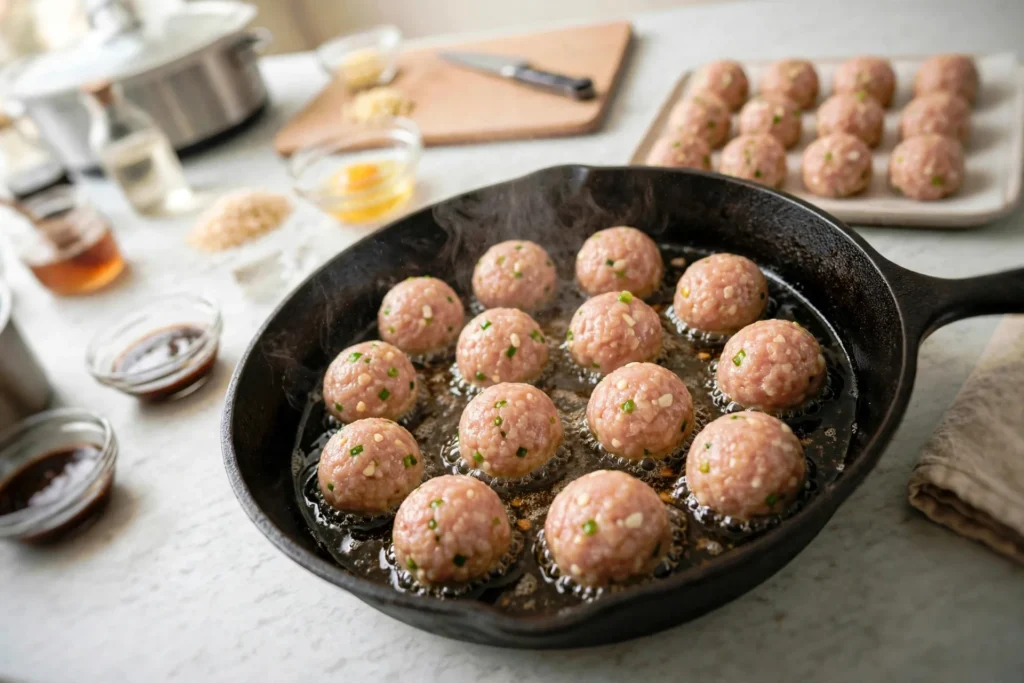 Searing chicken meatballs in a cast-iron skillet