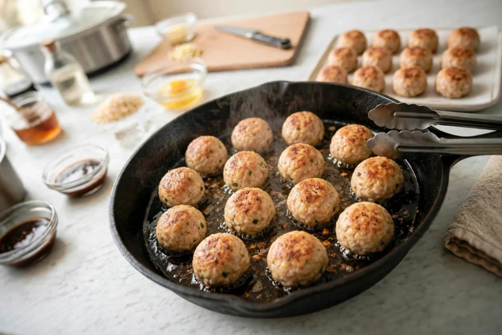 Golden-brown chicken meatballs in a skillet
