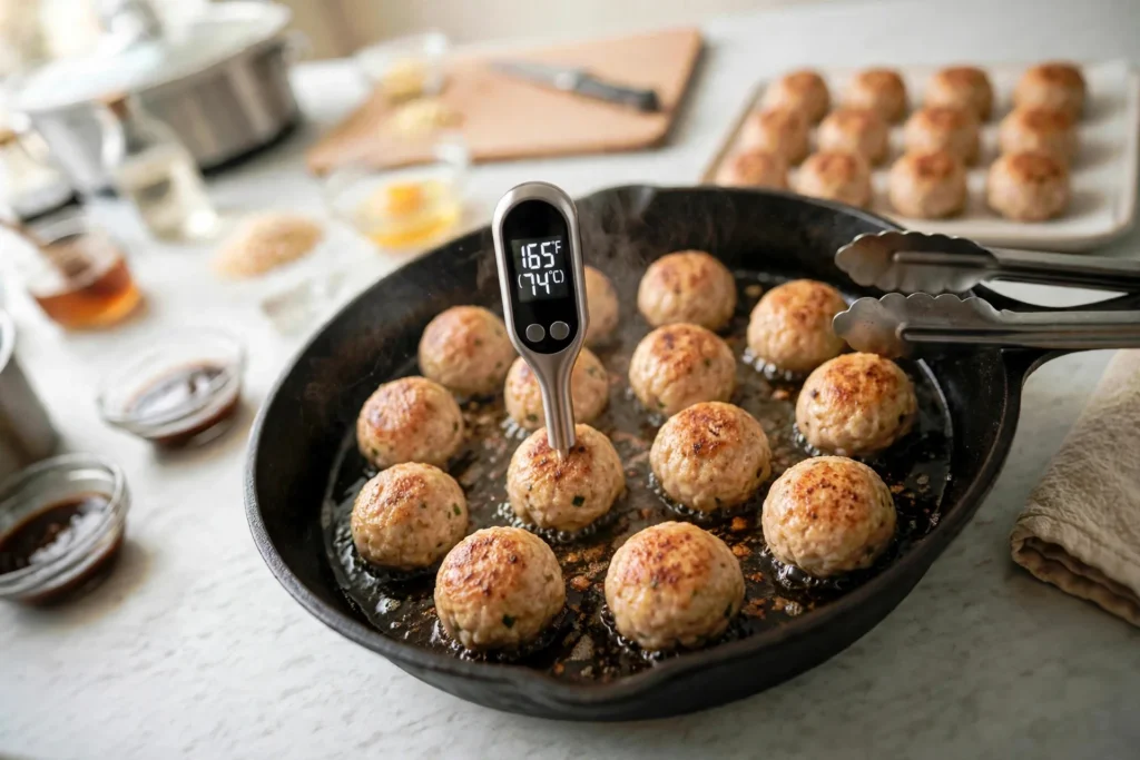 Thermometer reading 165°F in a chicken meatball