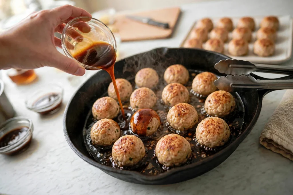 Pouring teriyaki sauce over browned chicken meatballs