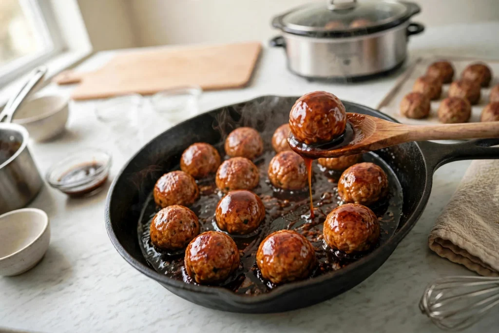 Tossing chicken meatballs in sticky teriyaki glaze