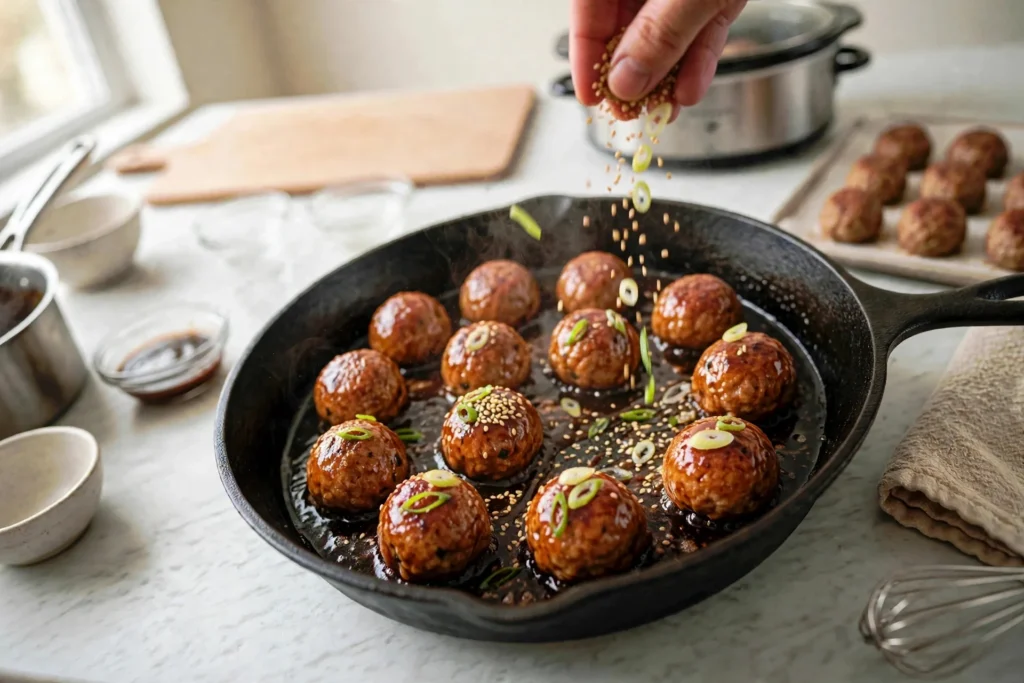 Sprinkling sesame and green onion over glazed chicken meatballs