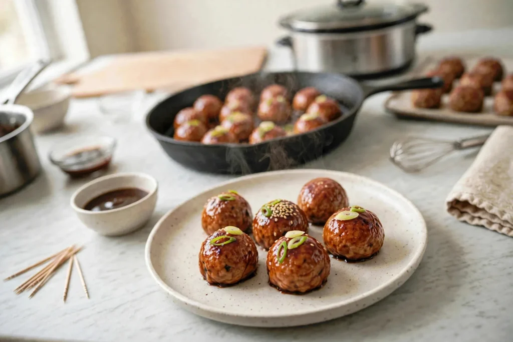 Plate of teriyaki chicken meatballs with dipping sauce