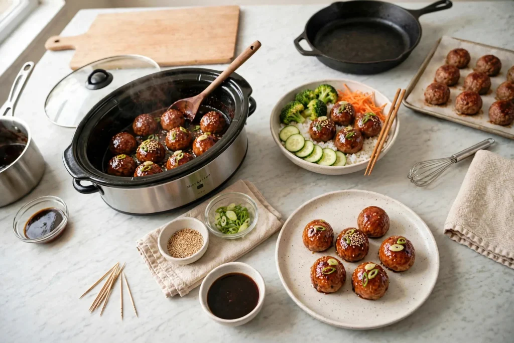 All three teriyaki meatball dishes on a marble counter