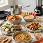 Five Thai peanut sauce dishes: dipping sauce, spring rolls, satay, noodles and creamy dip