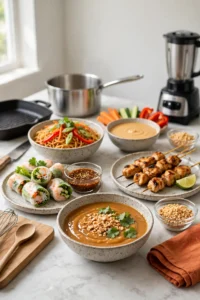 Five Thai peanut sauce dishes: dipping sauce, spring rolls, satay, noodles and creamy dip