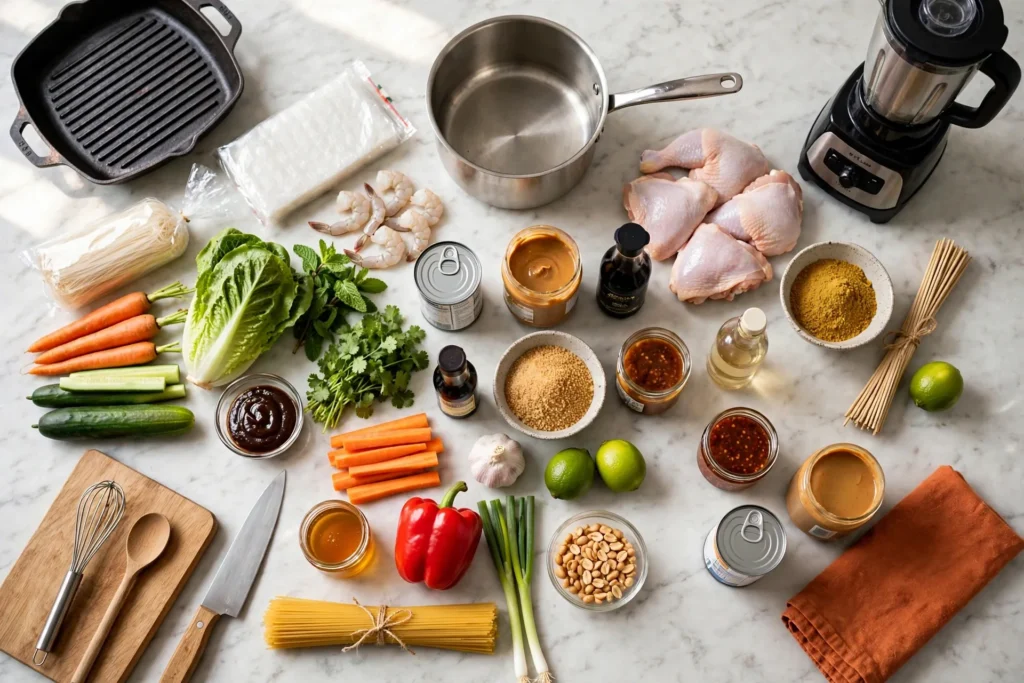 All ingredients for five Thai peanut sauce recipes on a marble counter
