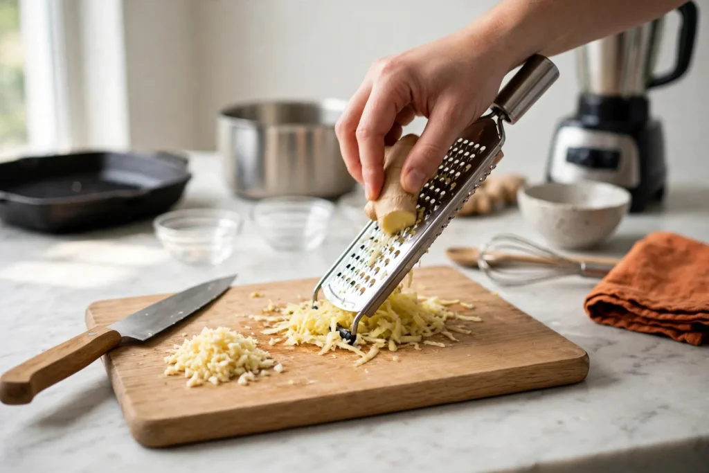 Mincing garlic and grating fresh ginger on a wooden board