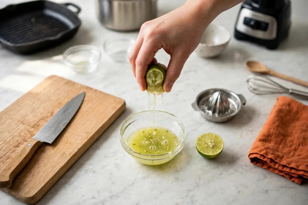 Squeezing fresh lime juice into a small glass bowl