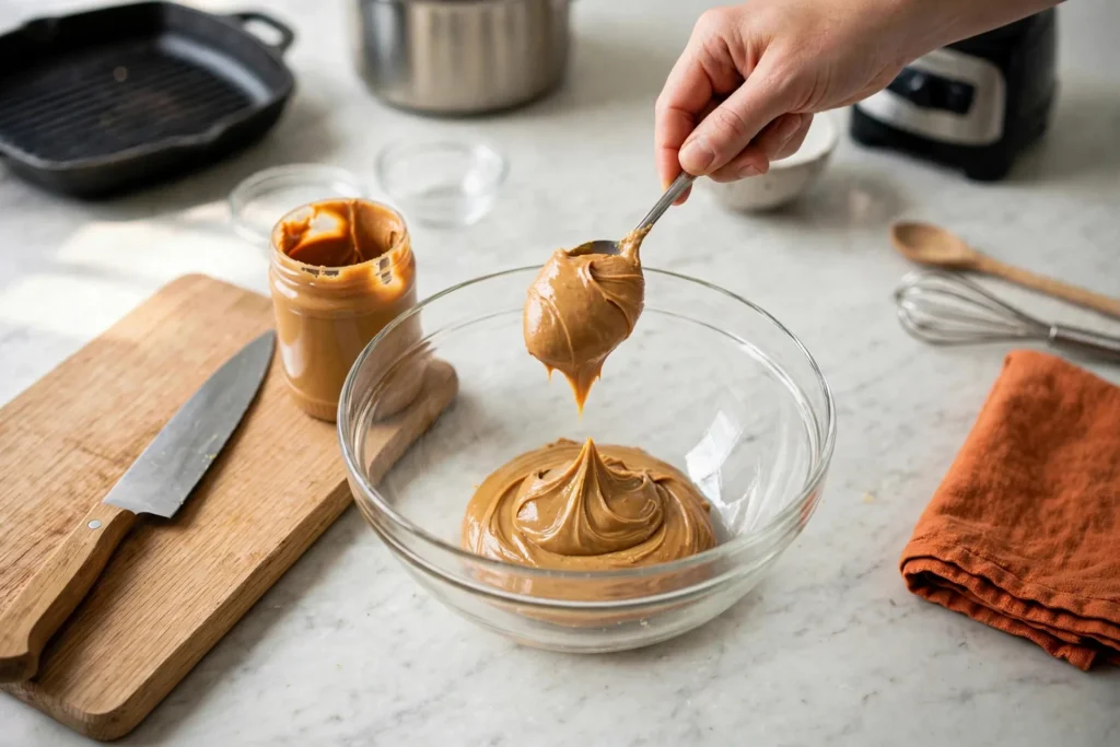 Spooning thick peanut butter into a glass mixing bowl