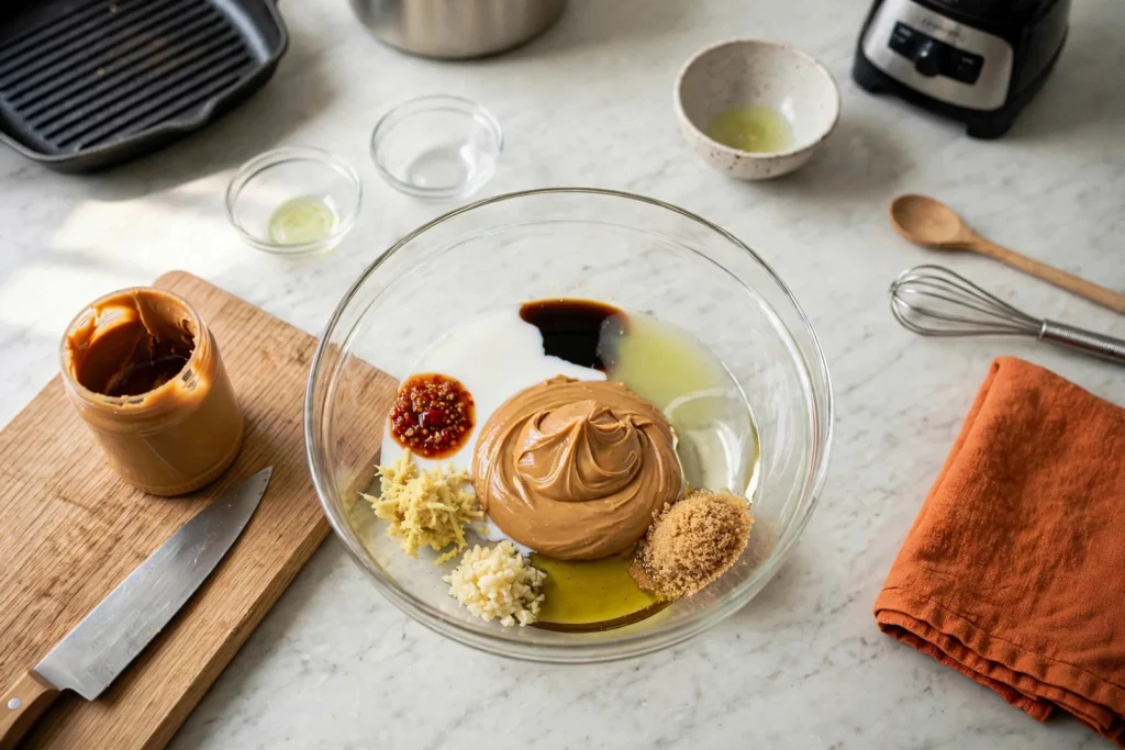 Peanut sauce ingredients layered in a bowl before mixing