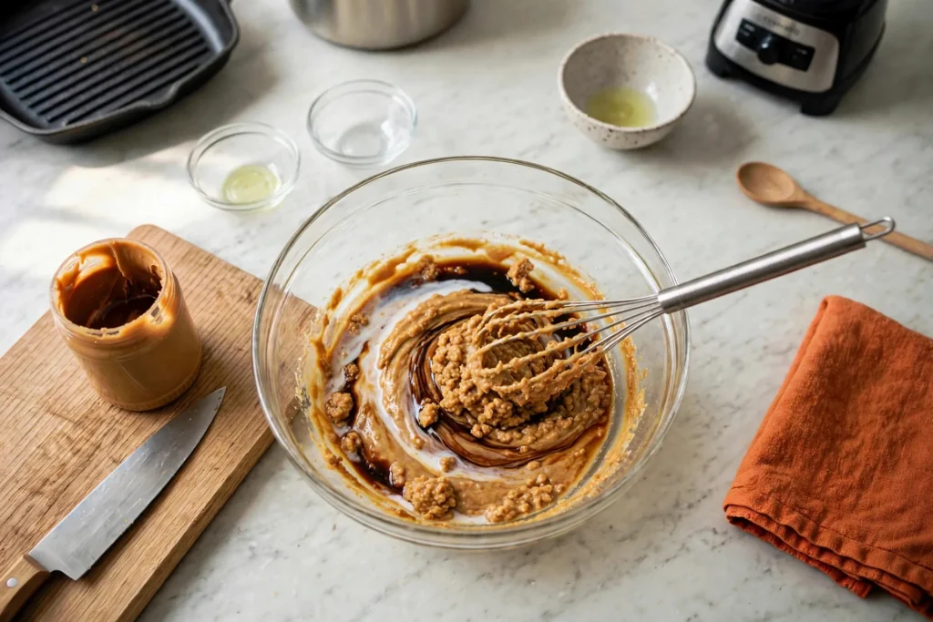 Whisking thick peanut sauce mixture in a bowl