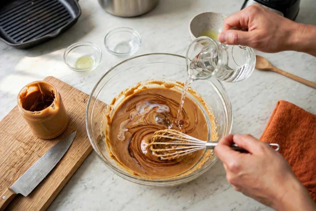 Drizzling warm water into peanut sauce while whisking