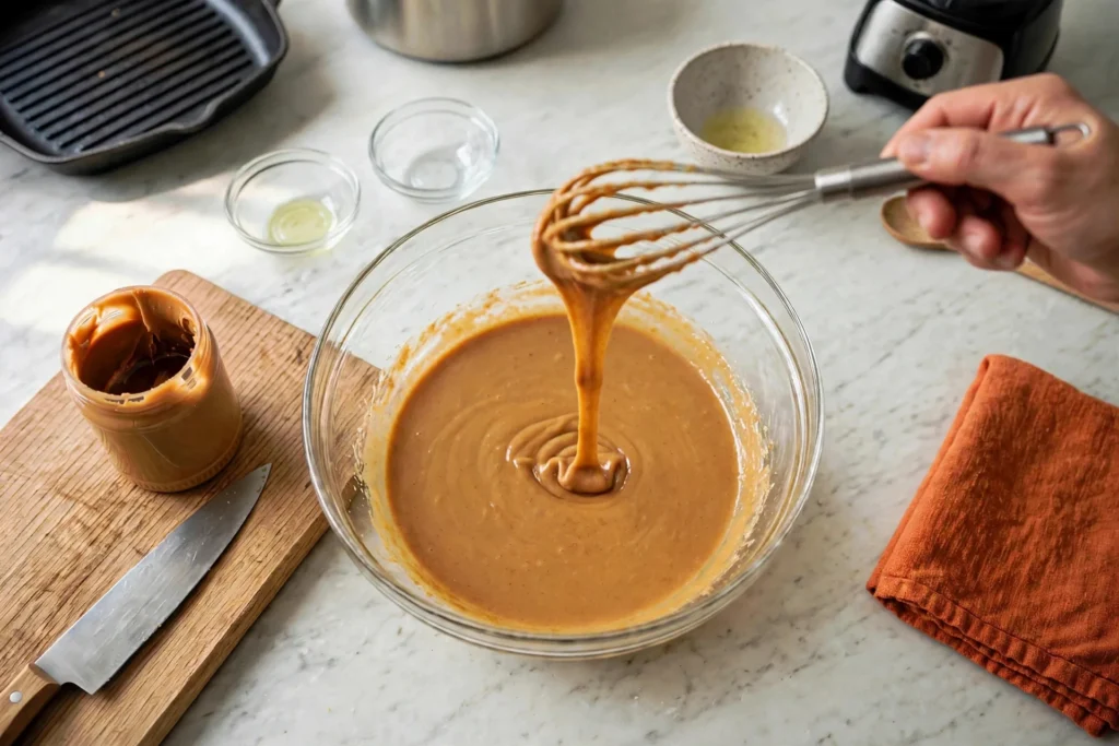Whisk lifting glossy golden-tan peanut sauce in a ribbon