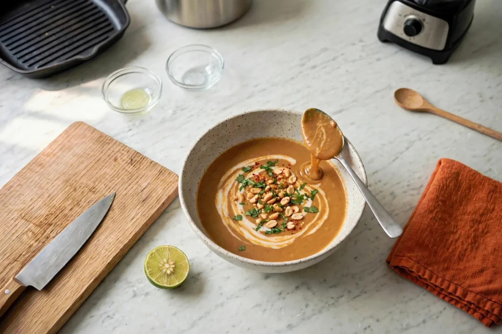 Finished Thai peanut sauce with coconut swirl and peanuts