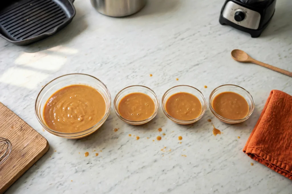 Peanut sauce divided into four glass bowls