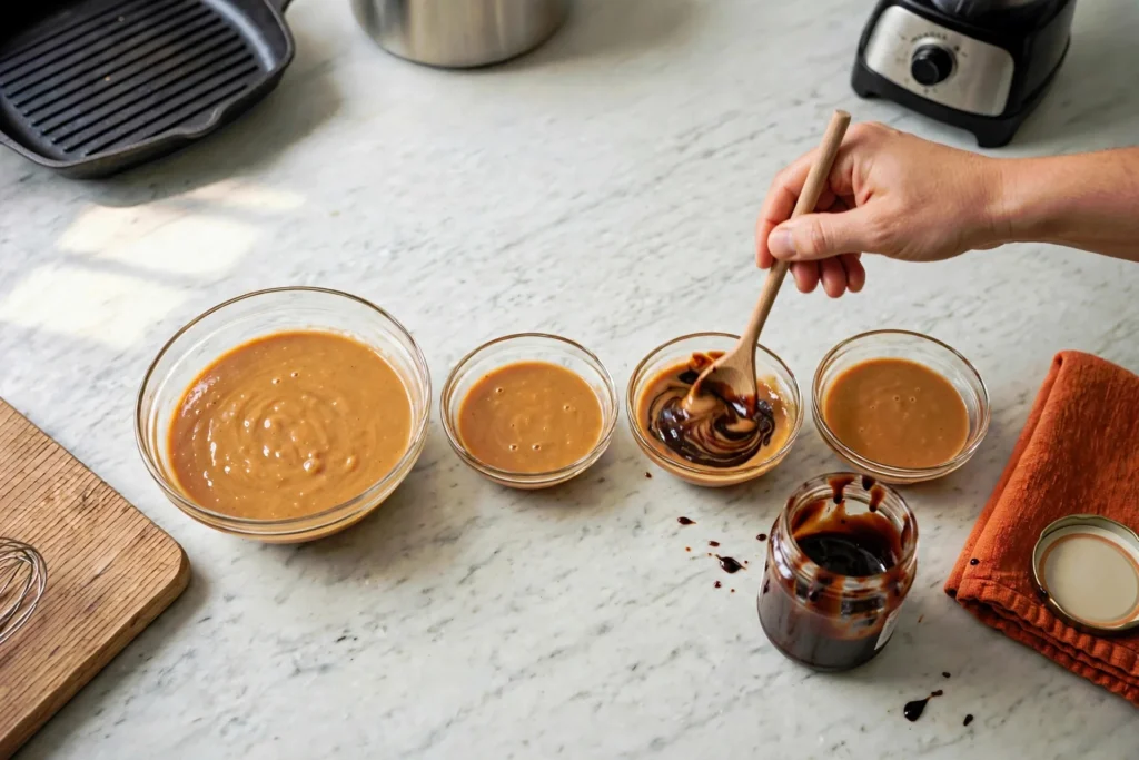 Stirring hoisin sauce into peanut dipping sauce
